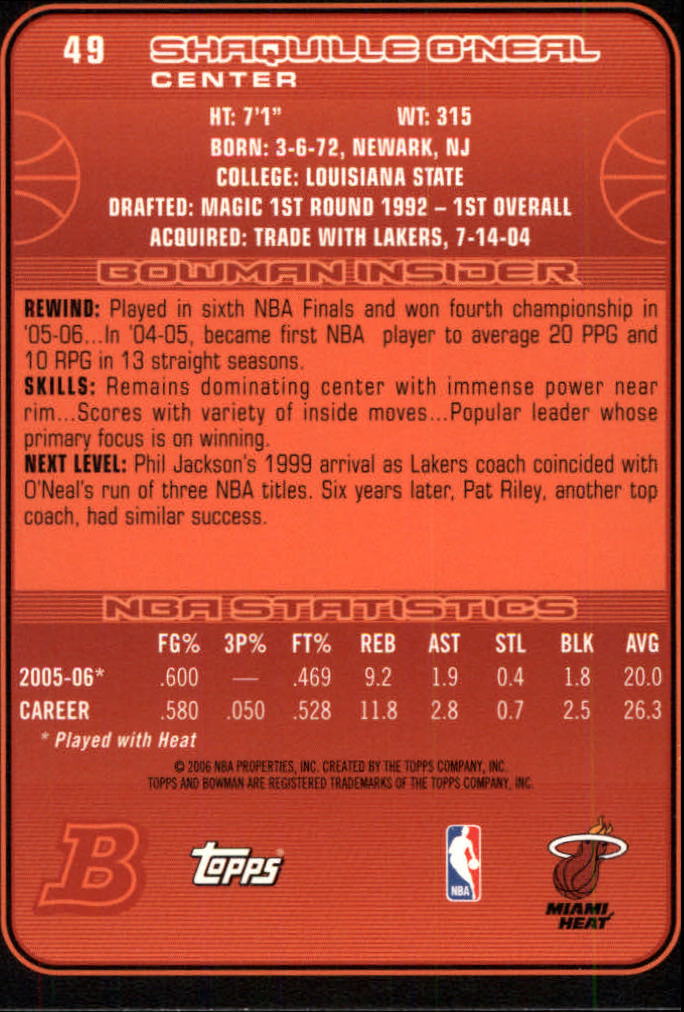 2006-07 Bowman #49 Shaquille O'Neal back image