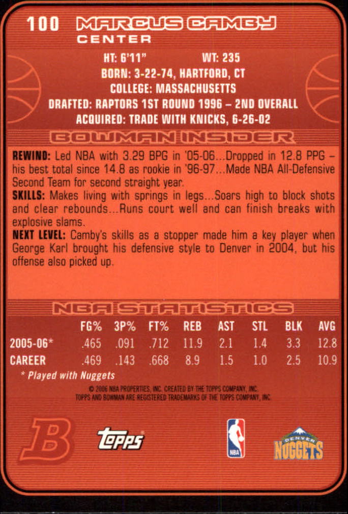 2006-07 Bowman #100 Marcus Camby back image