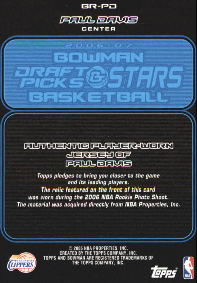 2006-07 Bowman Relics #PD Paul Davis B back image