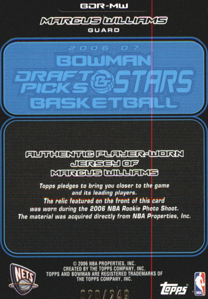 2006-07 Bowman Relics Dual #MW Marcus Williams back image