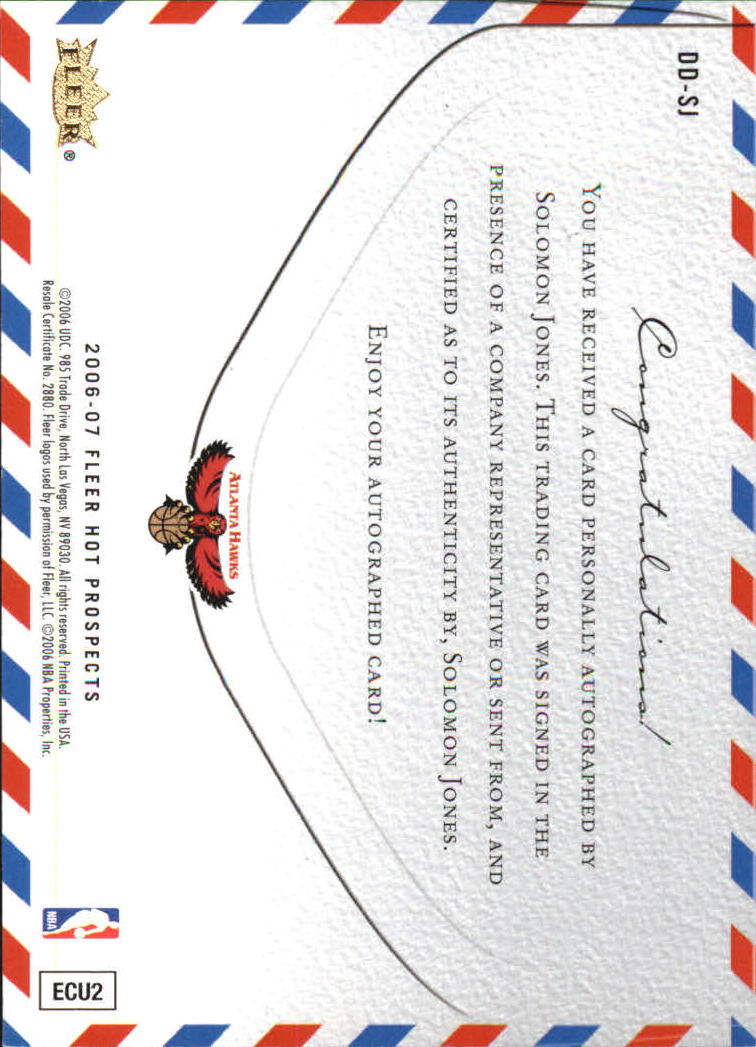 2006-07 Fleer Hot Prospects Draft Day Postmarks Autographs #SJ Solomon Jones back image
