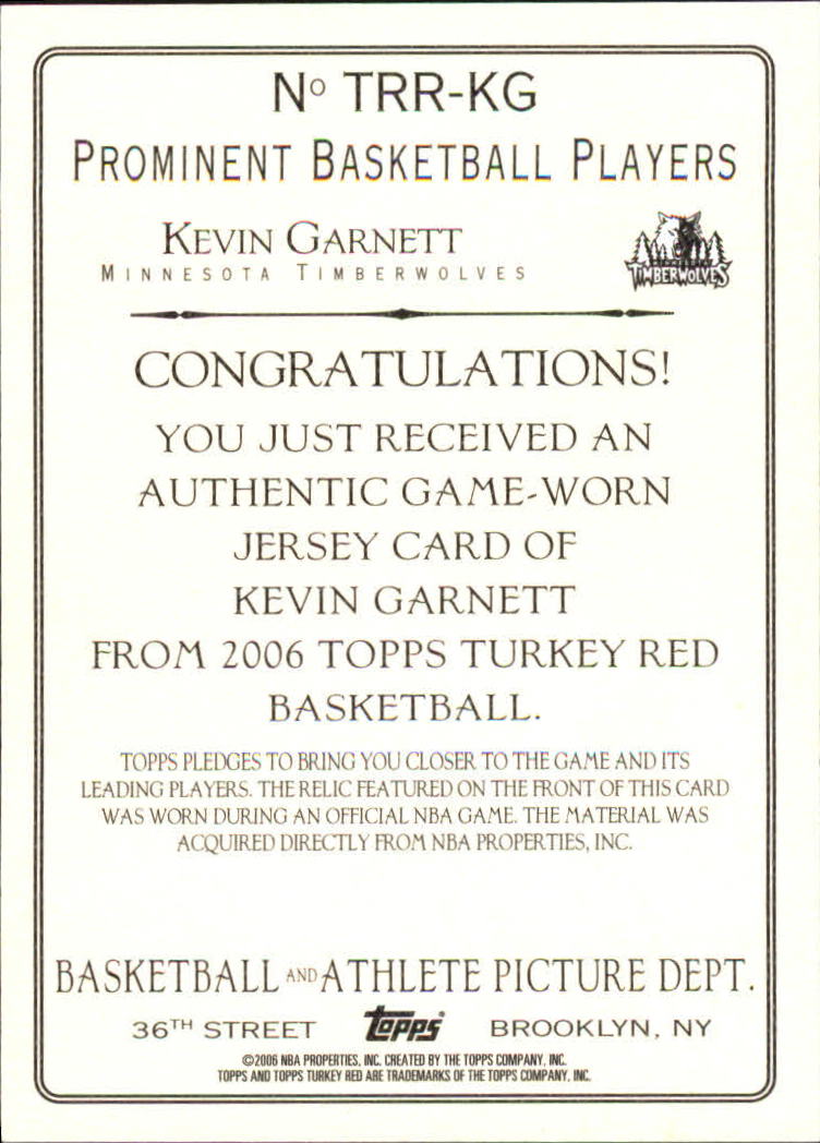 2006-07 Topps Turkey Red Relics #KG Kevin Garnett A back image