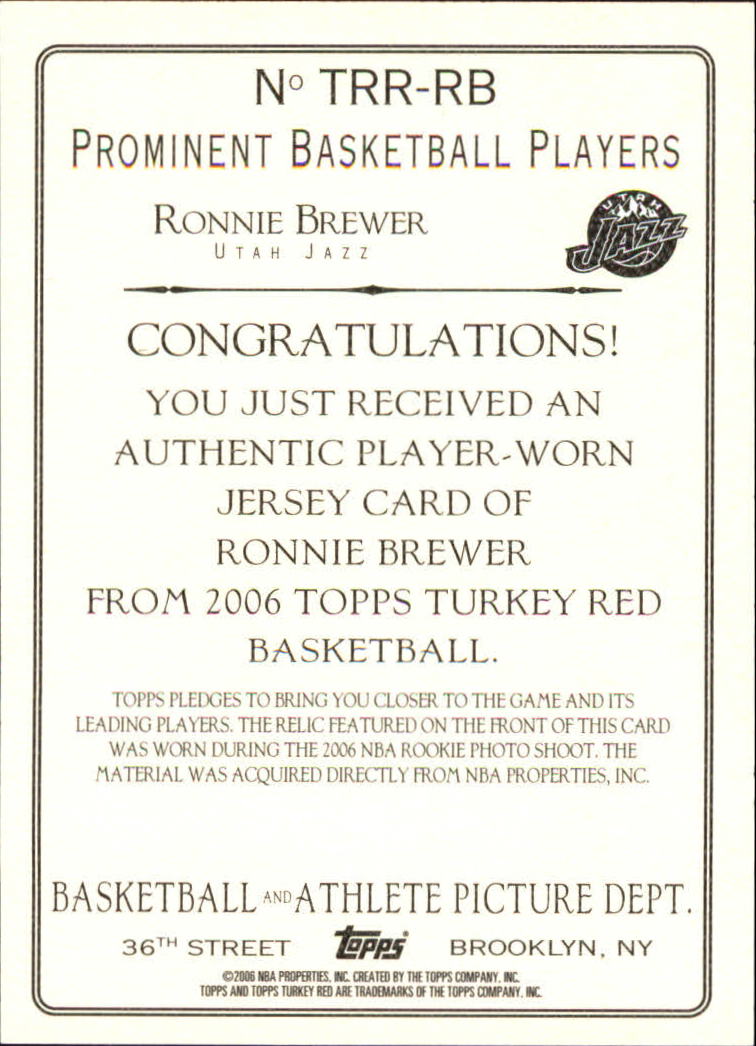 2006-07 Topps Turkey Red Relics #RB Ronnie Brewer B back image