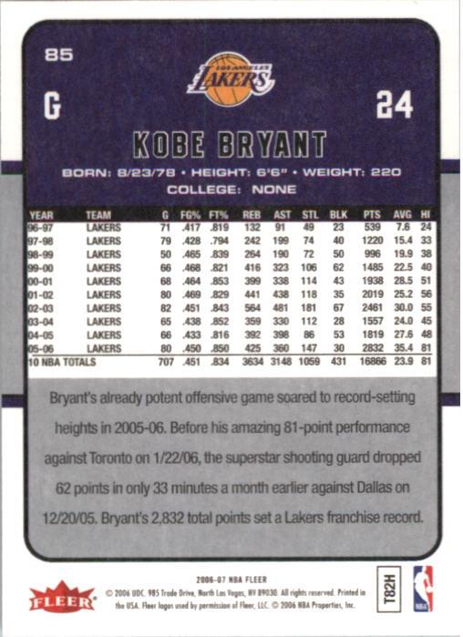 2006-07 Fleer #85 Kobe Bryant back image