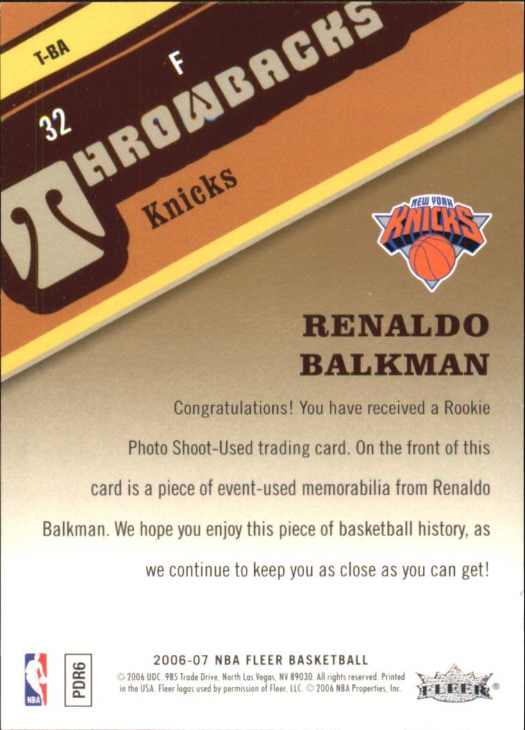 2006-07 Fleer Throwbacks #BA Renaldo Balkman back image