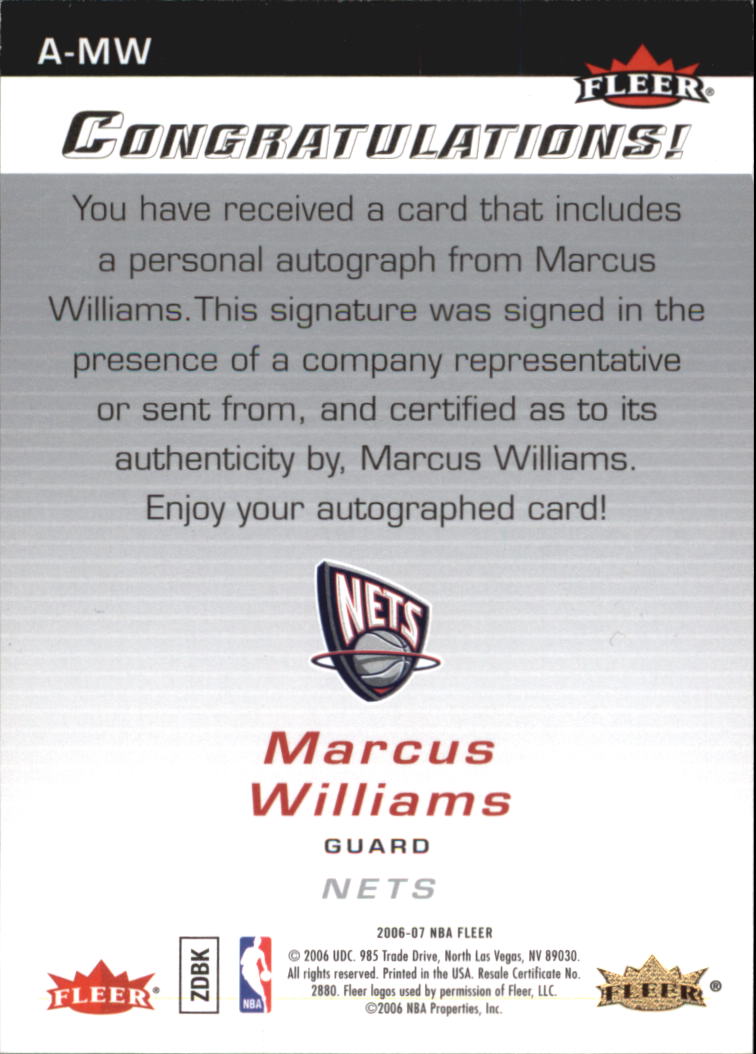 2006-07 Fleer Autographics #MW Marcus Williams back image