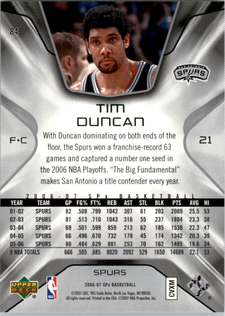 2006-07 SPx #84 Tim Duncan back image
