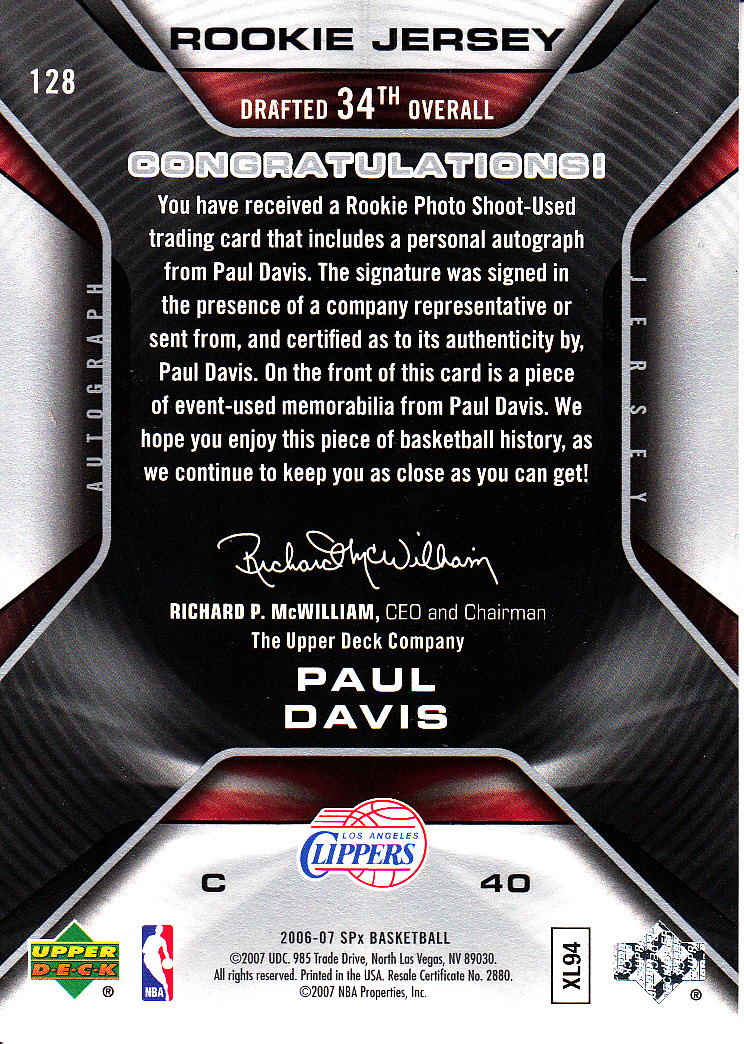 2006-07 SPx #128 Paul Davis JSY AU RC back image