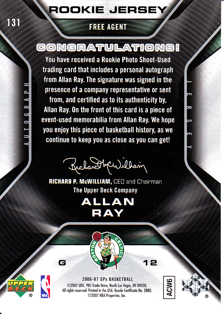 2006-07 SPx #131 Allan Ray JSY AU RC back image