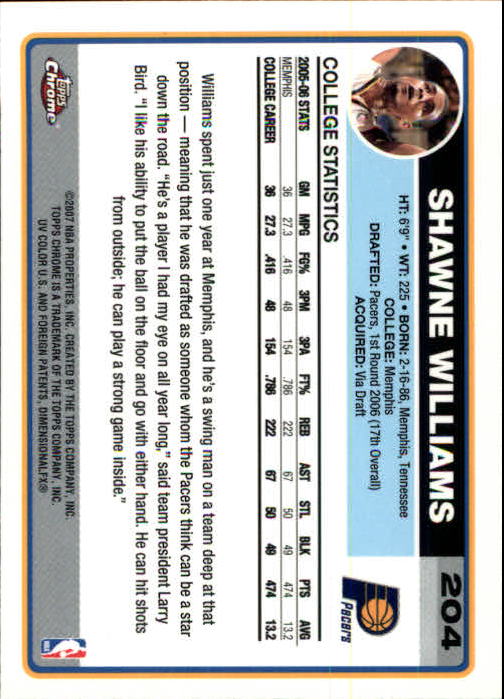 2006-07 Topps Chrome #204 Shawne Williams RC back image