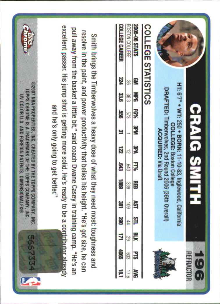 2006-07 Topps Chrome Autographs Refractors Black #196 Craig Smith E back image