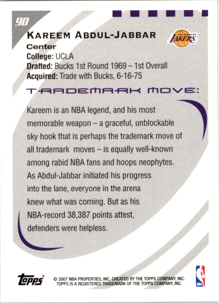 2006-07 Topps Trademark Moves #90 Kareem Abdul-Jabbar back image