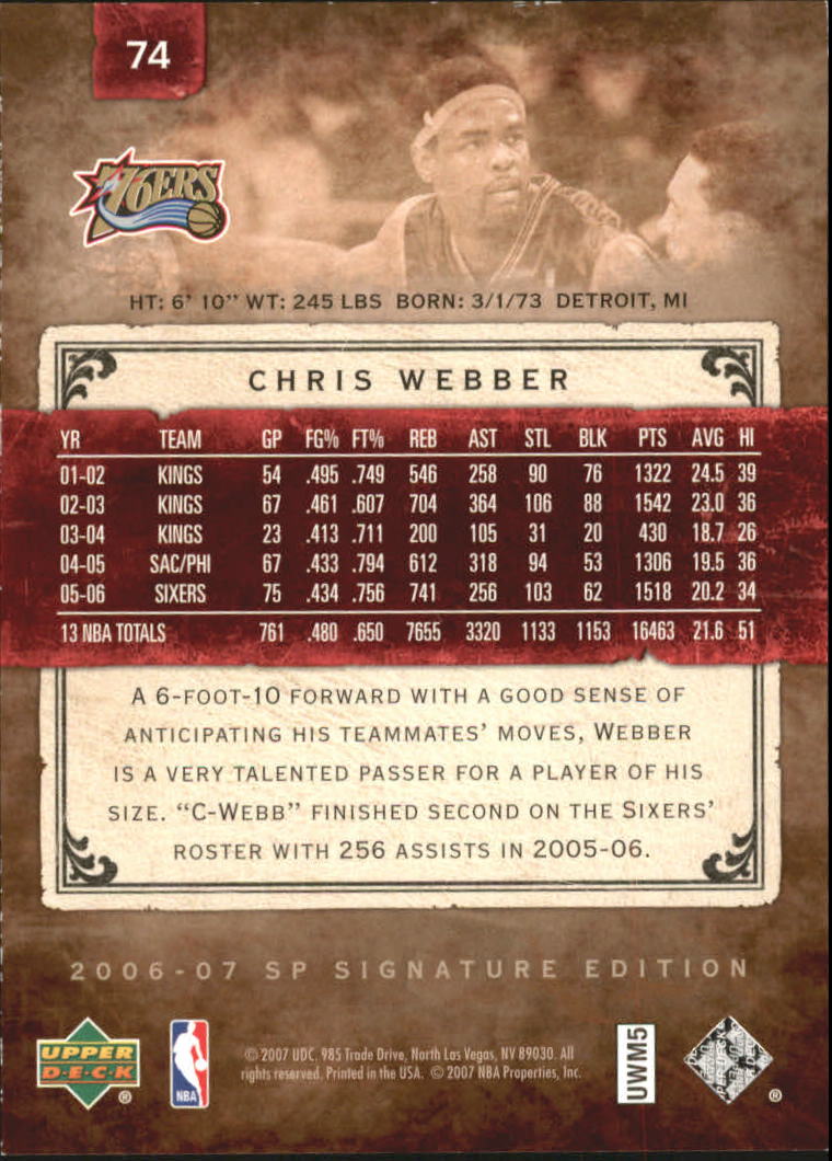2006-07 SP Signature Edition #74 Chris Webber back image