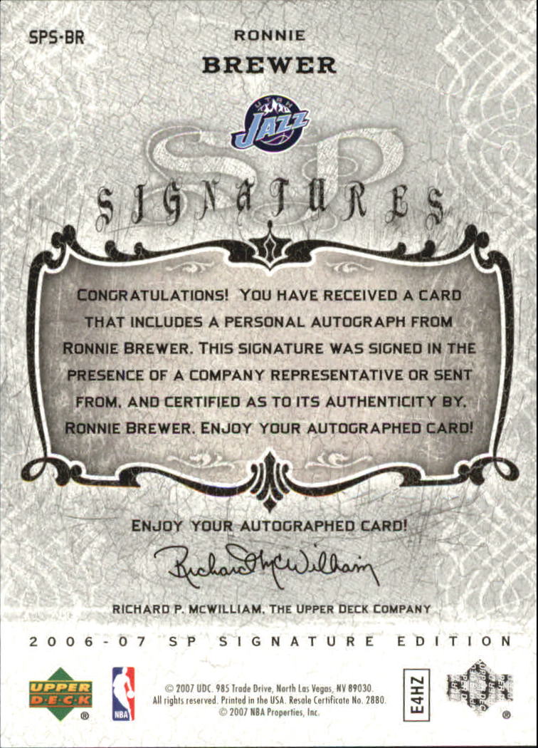2006-07 SP Signature Edition Signatures #BR Ronnie Brewer back image