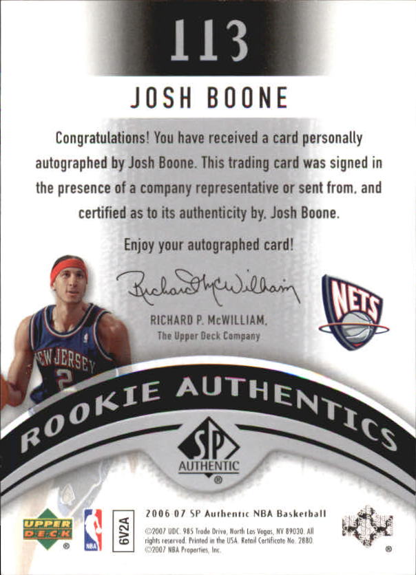 2006-07 SP Authentic #113 Josh Boone AU RC back image