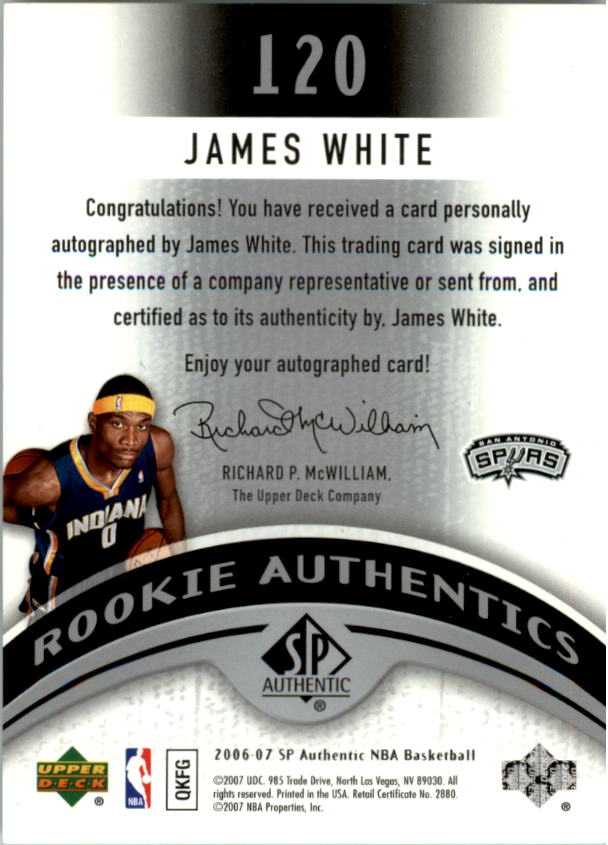 2006-07 SP Authentic #120 James White AU RC back image