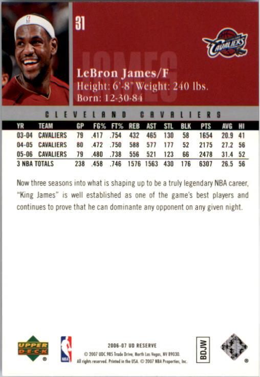 2006-07 UD Reserve #31 LeBron James back image