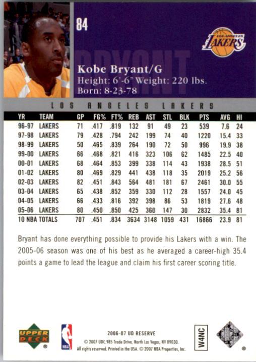 2006-07 UD Reserve #84 Kobe Bryant back image