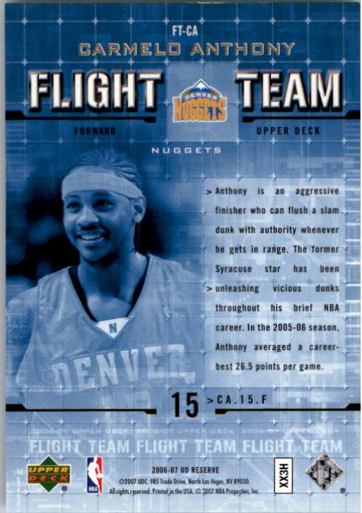 2006-07 UD Reserve Flight Team Gold #CA Carmelo Anthony back image
