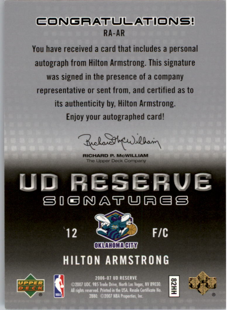 2006-07 UD Reserve Signatures #AR Hilton Armstrong back image
