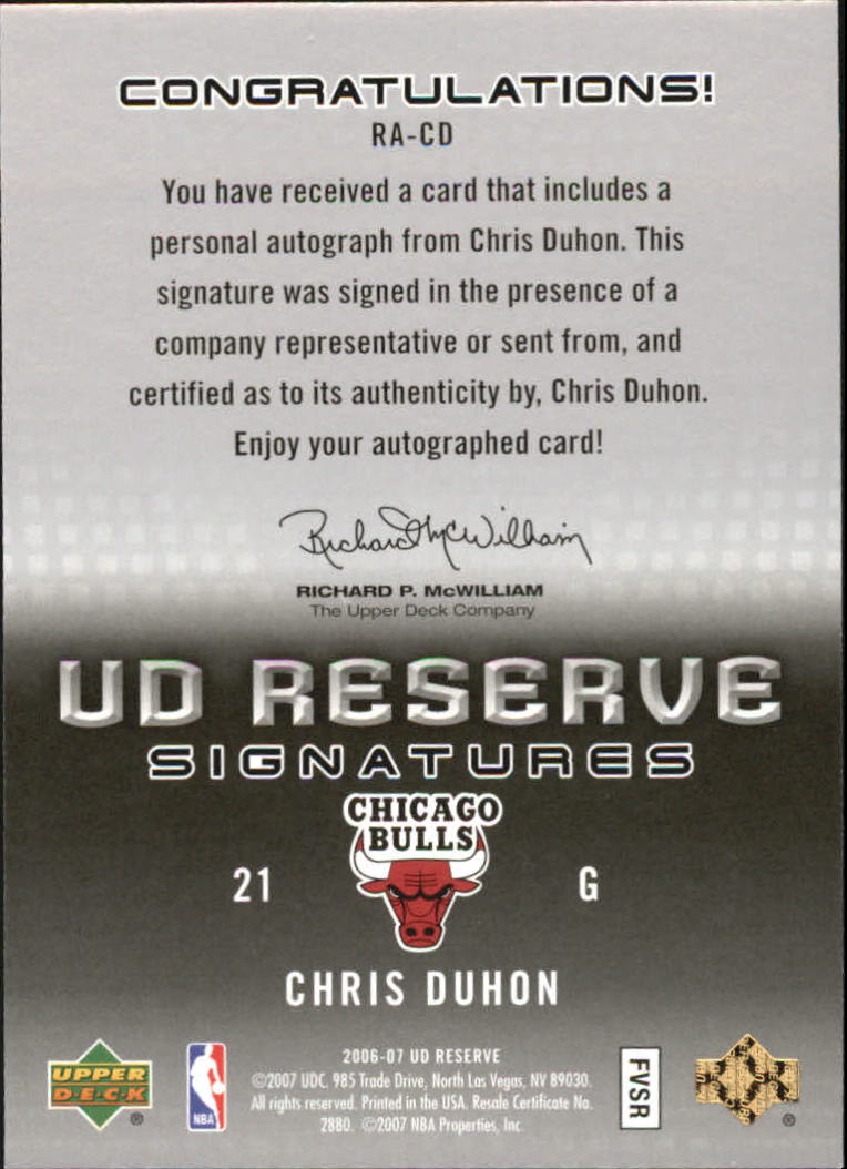 2006-07 UD Reserve Signatures #CD Chris Duhon back image
