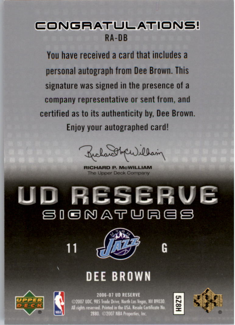 2006-07 UD Reserve Signatures #DB Dee Brown back image