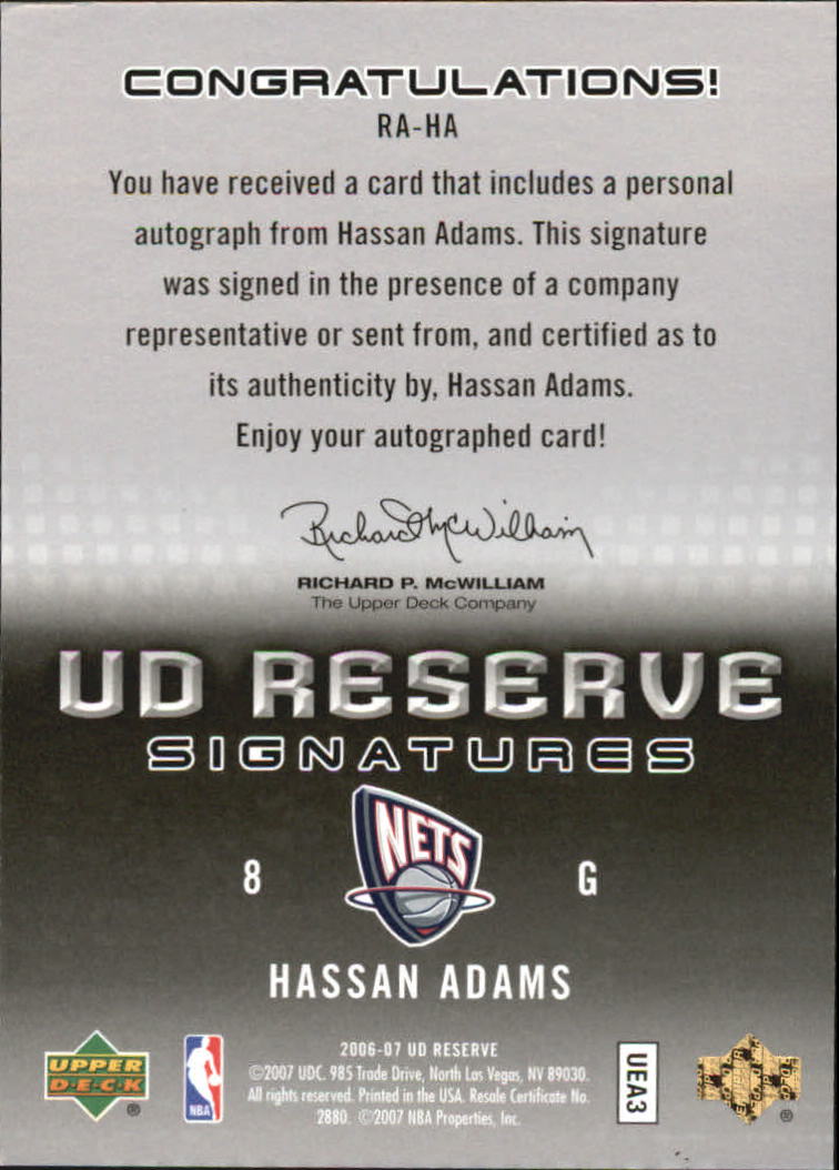 2006-07 UD Reserve Signatures #HA Hassan Adams back image