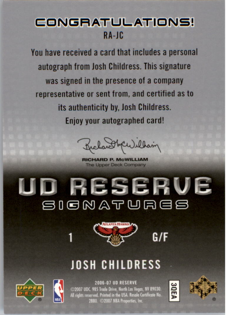 2006-07 UD Reserve Signatures #JC Josh Childress back image
