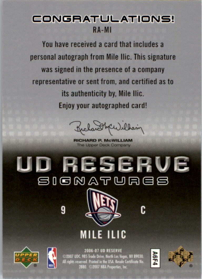 2006-07 UD Reserve Signatures #MI Mile Ilic back image