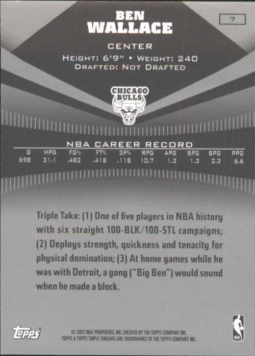 2006-07 Topps Triple Threads #7 Ben Wallace back image