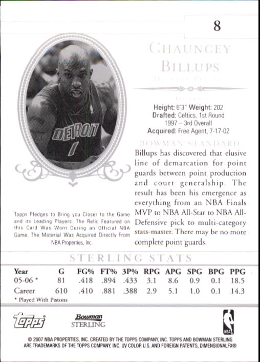 2006-07 Bowman Sterling #8 Chauncey Billups JSY back image