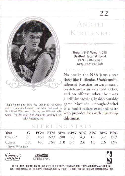 2006-07 Bowman Sterling #22 Andrei Kirilenko JSY back image
