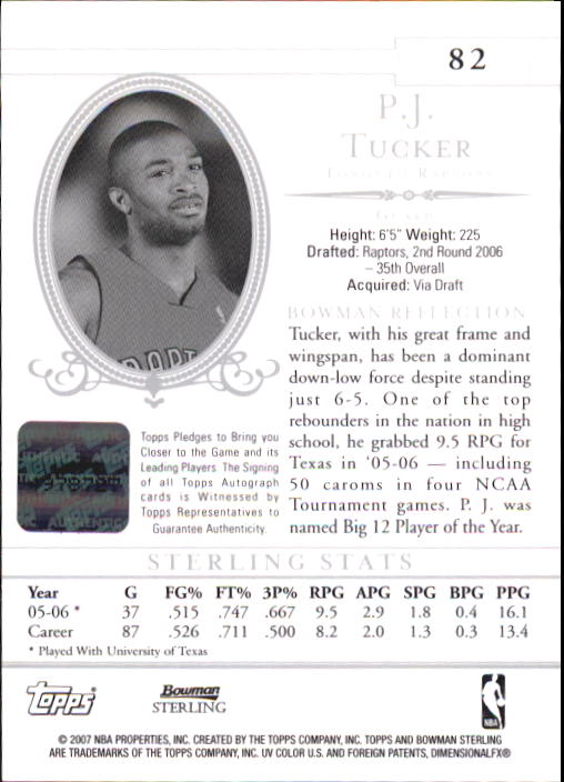 2006-07 Bowman Sterling #82 P.J. Tucker AU RC back image