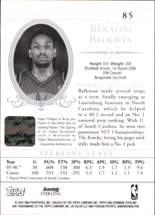 2006-07 Bowman Sterling #85 Renaldo Balkman AU RC back image