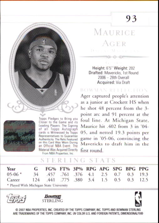 2006-07 Bowman Sterling #93 Maurice Ager JSY AU RC back image