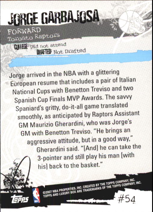 2006-07 Topps Luxury Box #54 Jorge Garbajosa RC back image