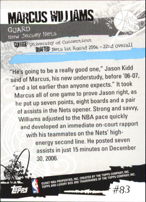 2006-07 Topps Luxury Box #83 Marcus Williams RC back image