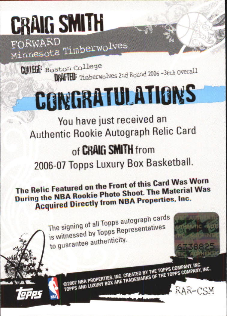 2006-07 Topps Luxury Box Rookie Relics Autographs #CSM Craig Smith back image
