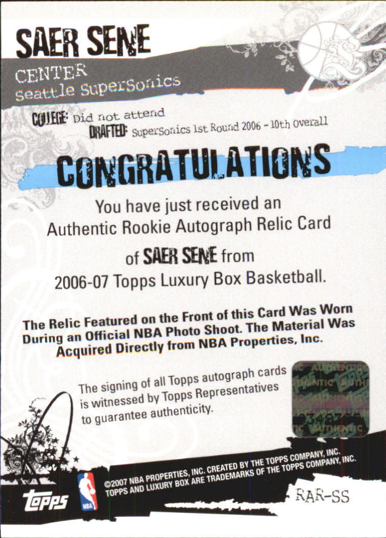 2006-07 Topps Luxury Box Rookie Relics Autographs #SS Saer Sene back image