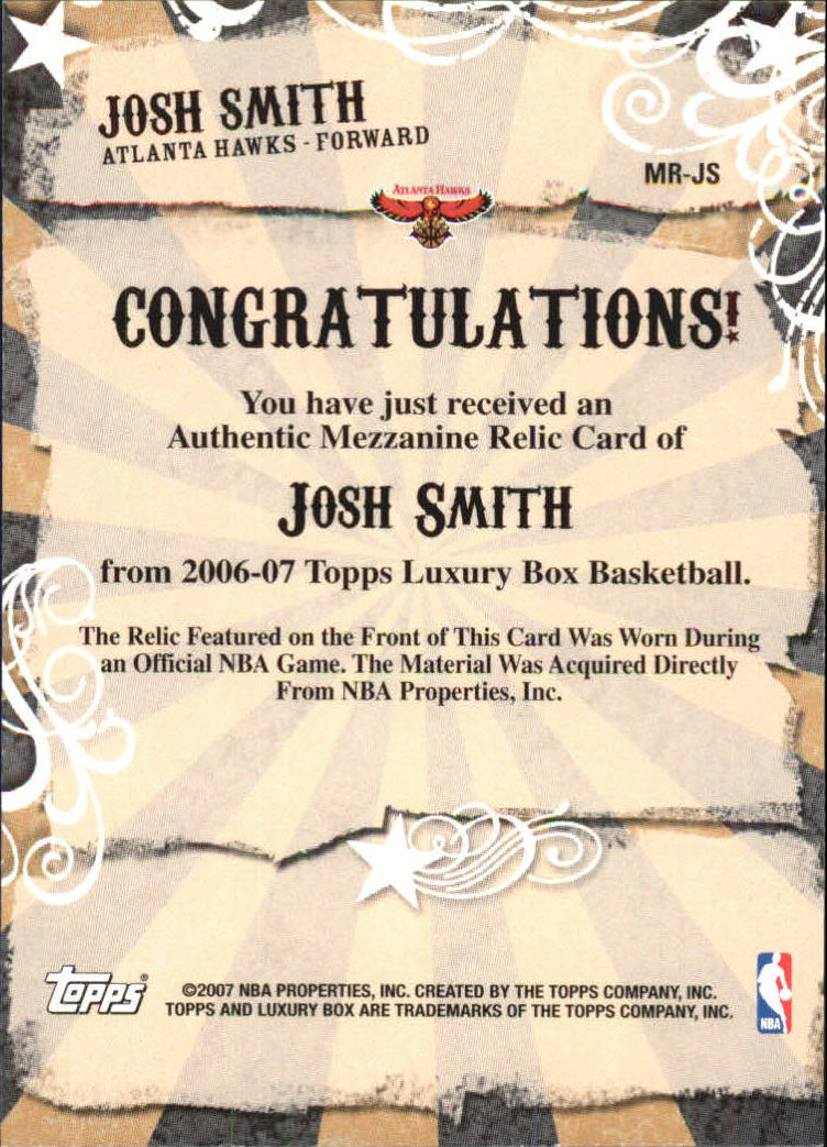2006-07 Topps Luxury Box Mezzanine Relics #JS Josh Smith back image