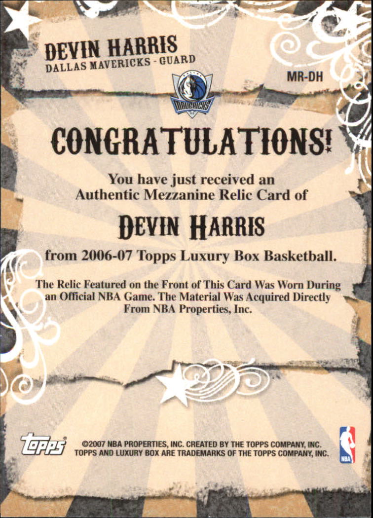 2006-07 Topps Luxury Box Mezzanine Relics #DH Devin Harris back image