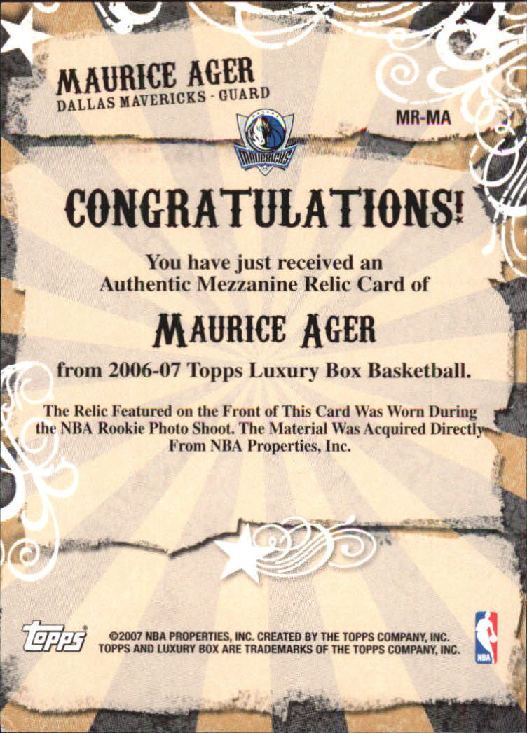 2006-07 Topps Luxury Box Mezzanine Relics #MA Maurice Ager back image