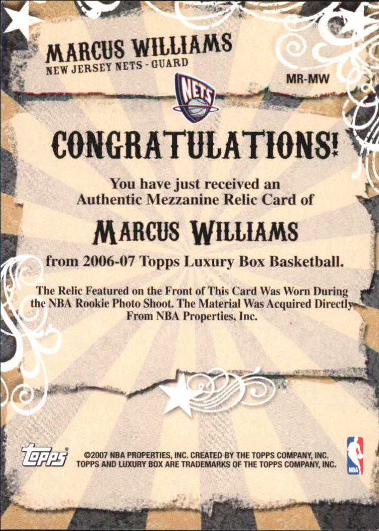 2006-07 Topps Luxury Box Mezzanine Relics #MW Marcus Williams back image