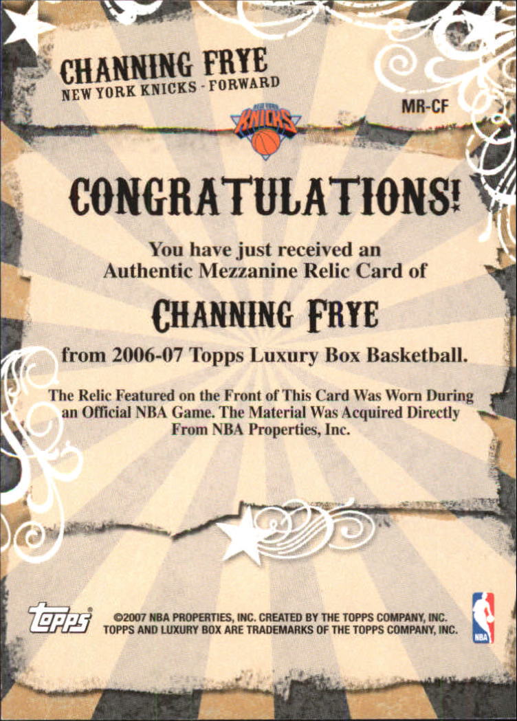 2006-07 Topps Luxury Box Mezzanine Relics #CF Channing Frye back image