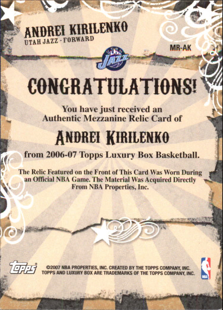 2006-07 Topps Luxury Box Mezzanine Relics #AK Andrei Kirilenko back image