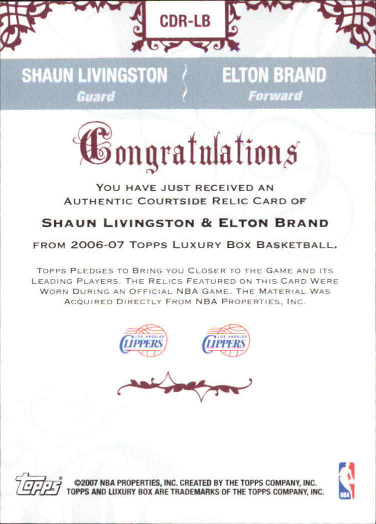 2006-07 Topps Luxury Box Courtside Relics Dual #LB Shaun Livingston/Elton Brand back image