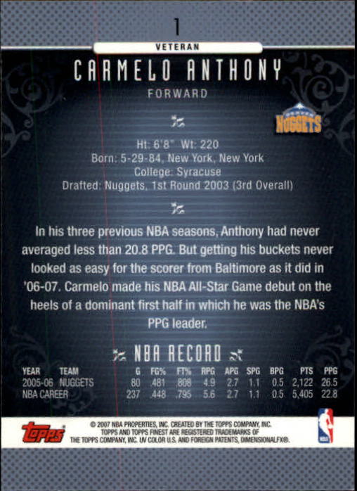 2006-07 Finest #1 Carmelo Anthony back image