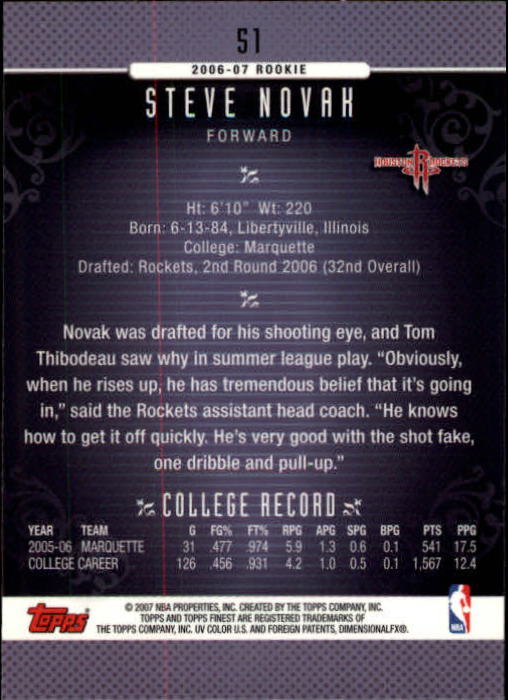 2006-07 Finest #51 Steve Novak RC back image