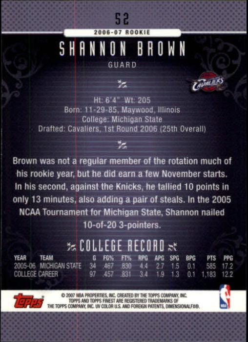 2006-07 Finest #52 Shannon Brown RC back image