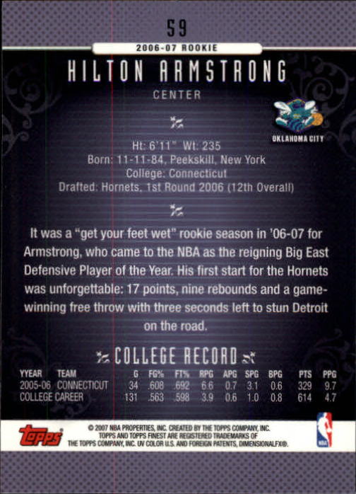 2006-07 Finest #59 Hilton Armstrong RC back image